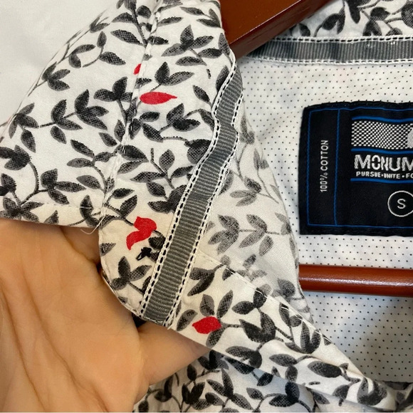 MONUMENT Men’s Cotton Button Down Short Sleeve Grey Red Leaf Small - Picture 5 of 14